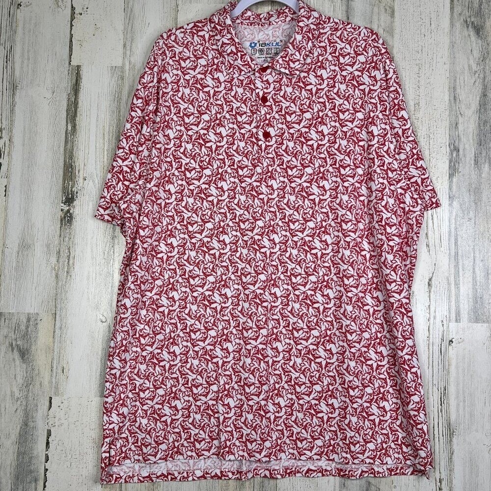 IBKUL Mens Polo Shirt XXL Short Sleeve‎ Fish Marlin Print Geometric Stretch Red